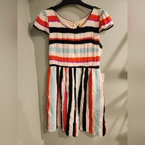 Maeve Multi-Stripe Short Sleeve Dress in Cream, Black, Orange, Pink, Aqua